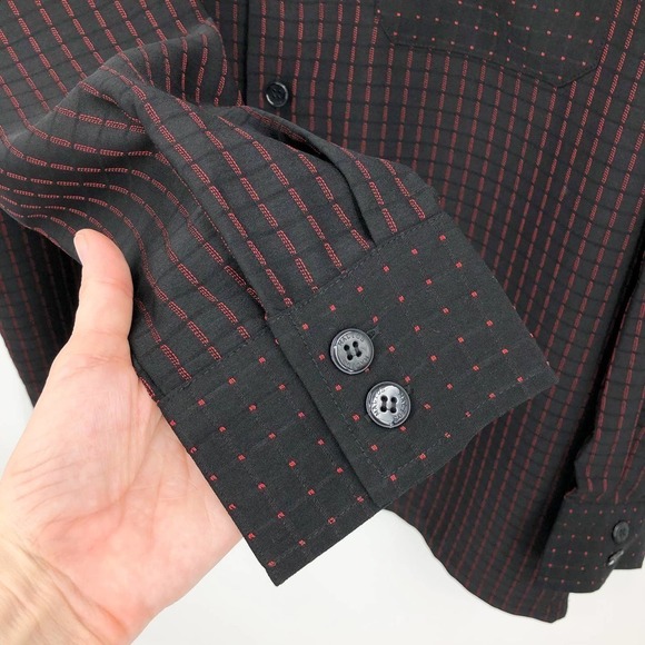 Maltos Men's Button Front Shirt Size L Swiss Dot Jacquard Check Black & Red S134 - Picture 7 of 11